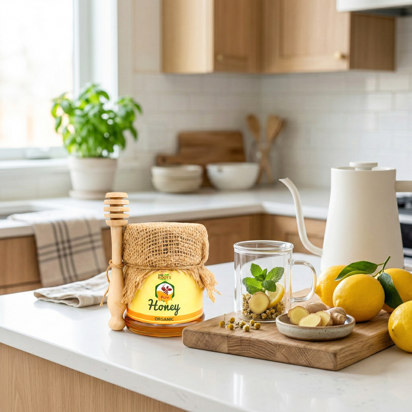Organic pure honey jar with dipper, ginger, lemons, and herbal tea on kitchen counter