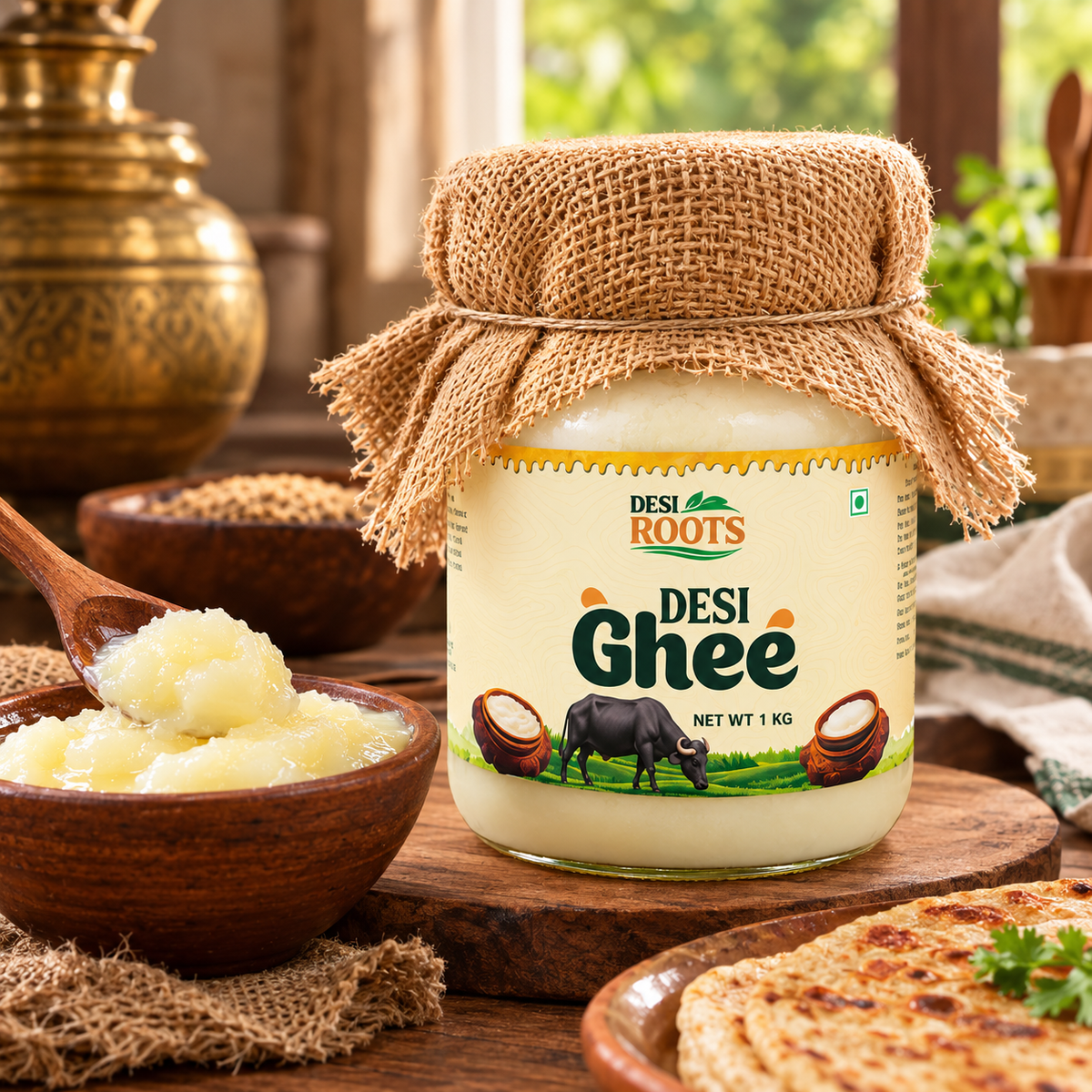 Desi Roots Pure Buffalo Desi Ghee 1kg jar with traditional Pakistani food serving.