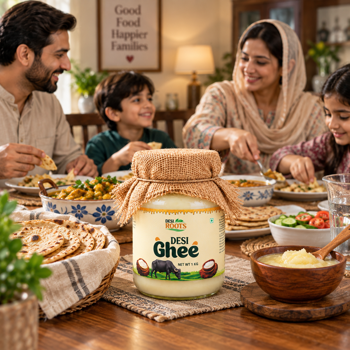 Desi Roots Pure Buffalo Desi Ghee 1kg product jar in a traditional food setting.