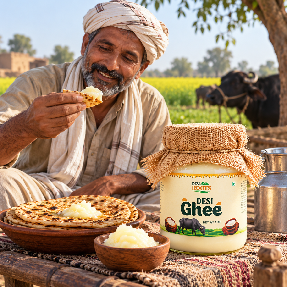 Desi Roots Pure Buffalo Desi Ghee 1kg jar shown with traditional cooking ingredients.