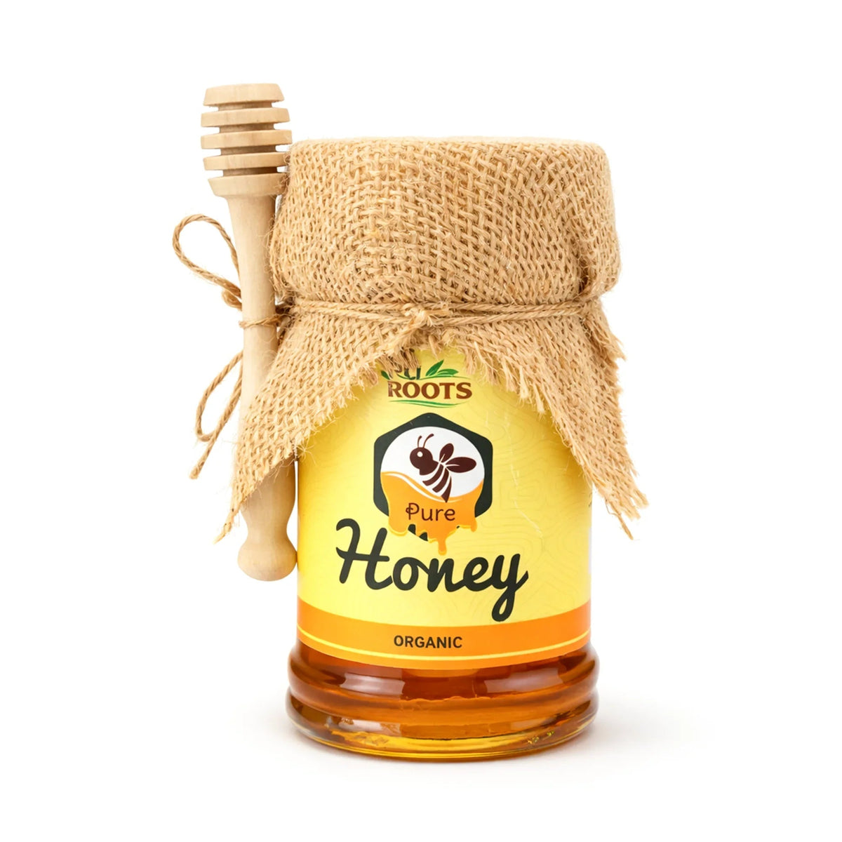 1kg jar of Desi Roots Pure Organic Honey with a wooden dipper and jute-wrapped lid on a white background.