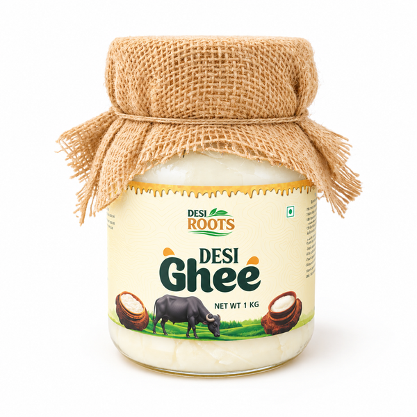 Desi Roots Pure Buffalo Desi Ghee 1kg in a sealed food-grade plastic jar on a clean background.