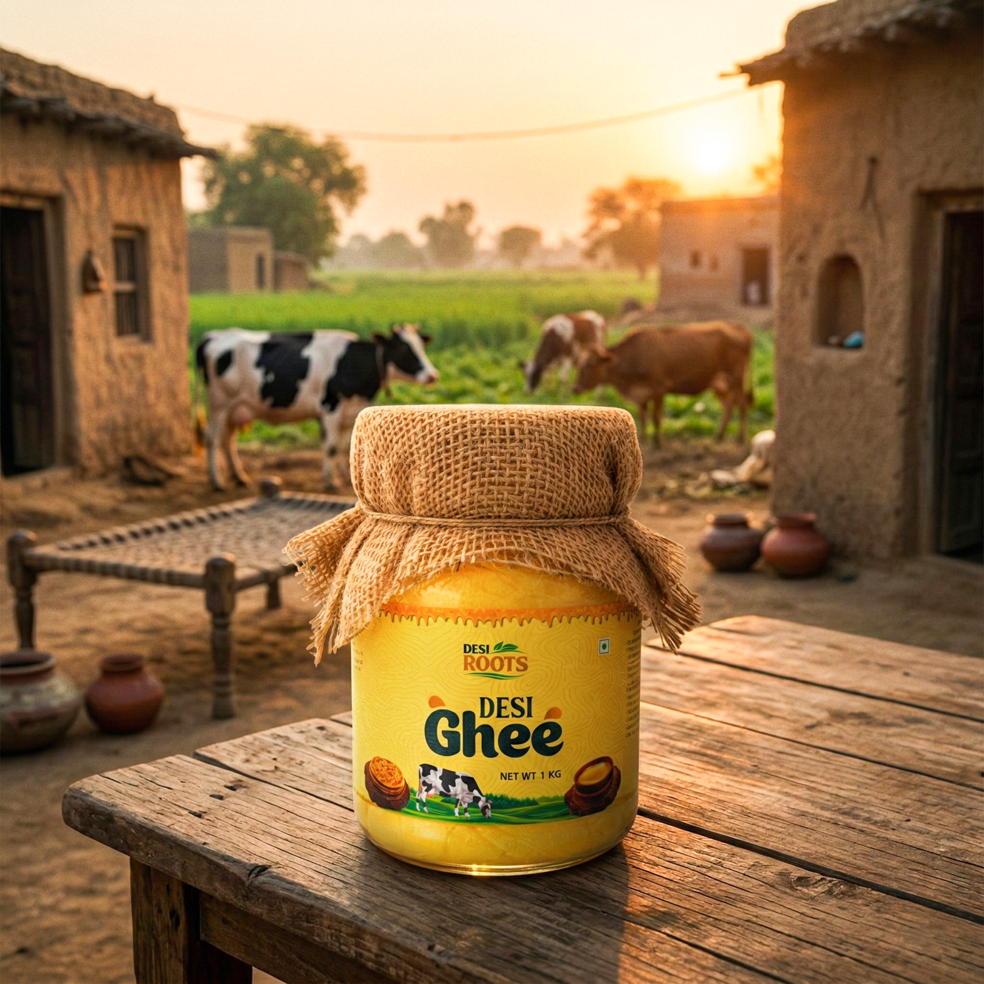 Jar of pure desi ghee on wooden table, rural setting with cows and clay huts at sunset