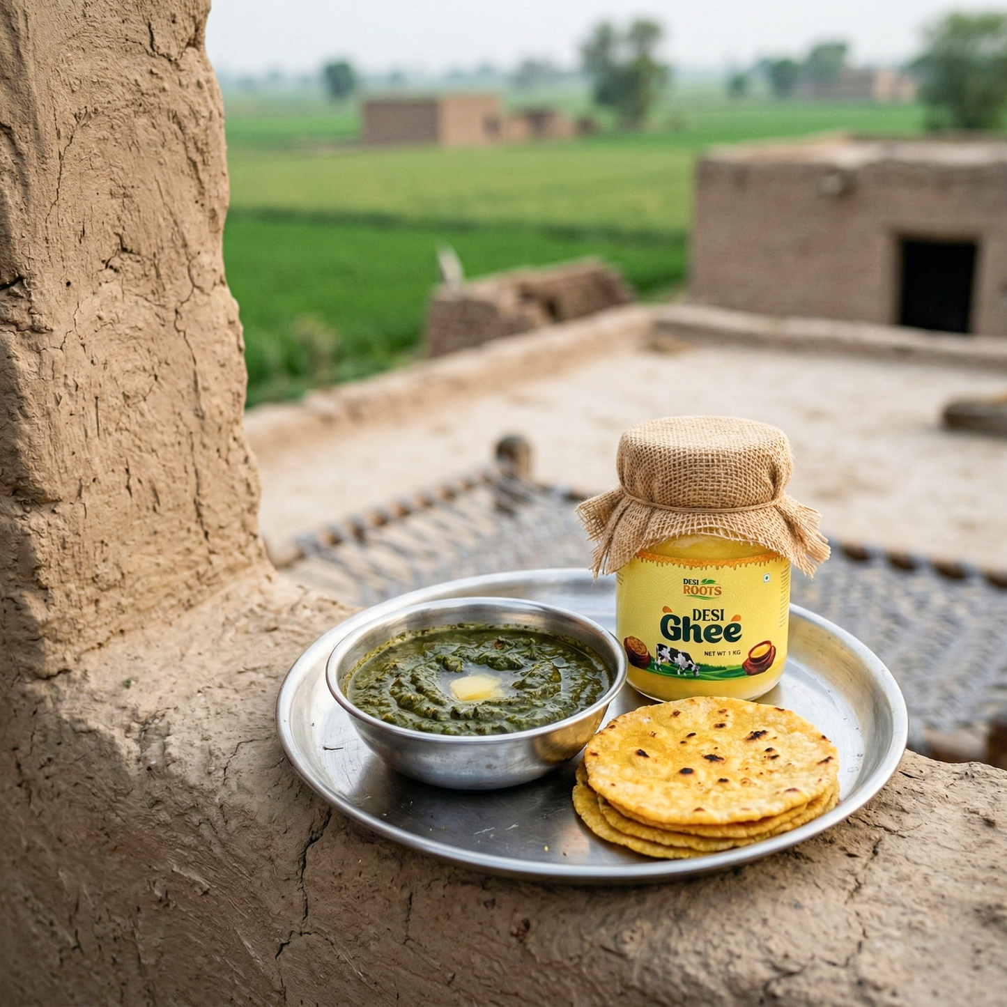 Jar of pure desi ghee with saag and makki roti on a tray in a rural village setting