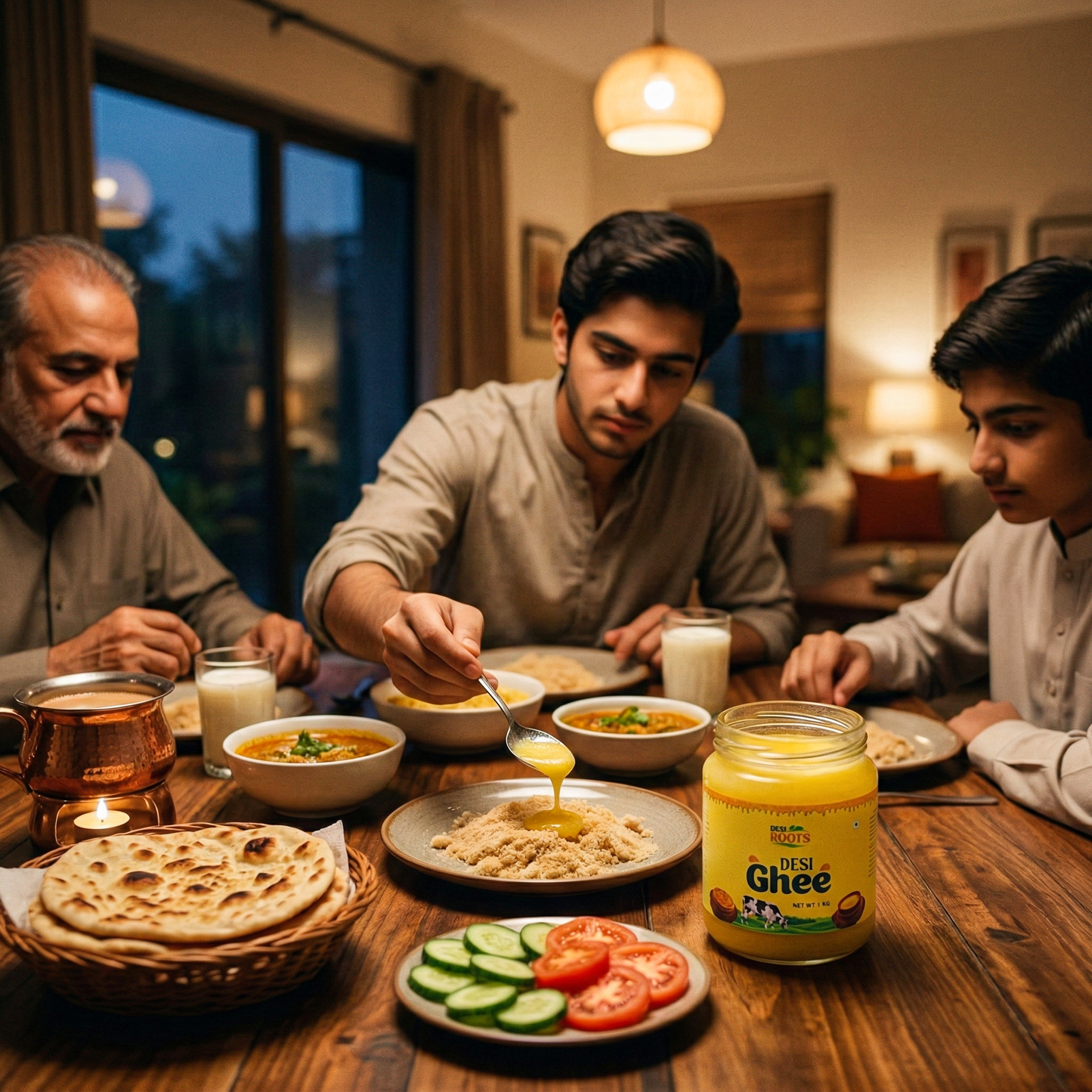 Family enjoying traditional meal with pure desi ghee jar, naan, and fresh vegetables on table