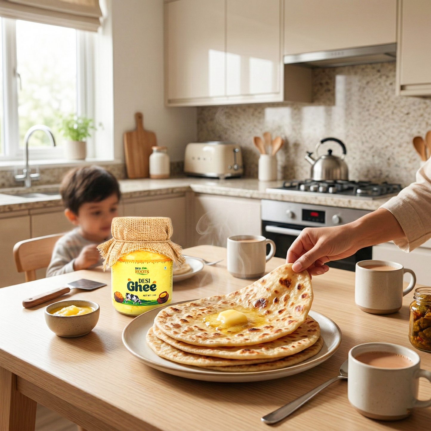 Jar of pure desi ghee on kitchen table with hot parathas, butter, and chai tea