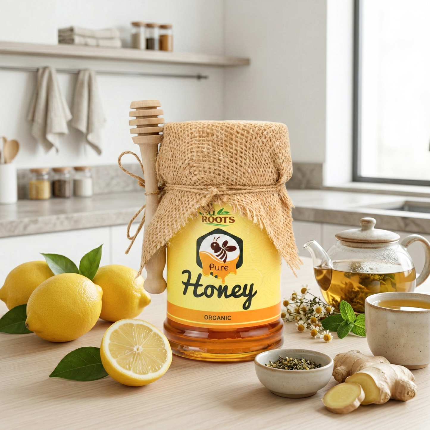 Organic pure honey jar with wooden dipper, fresh lemons, ginger, and herbal tea on kitchen counter
