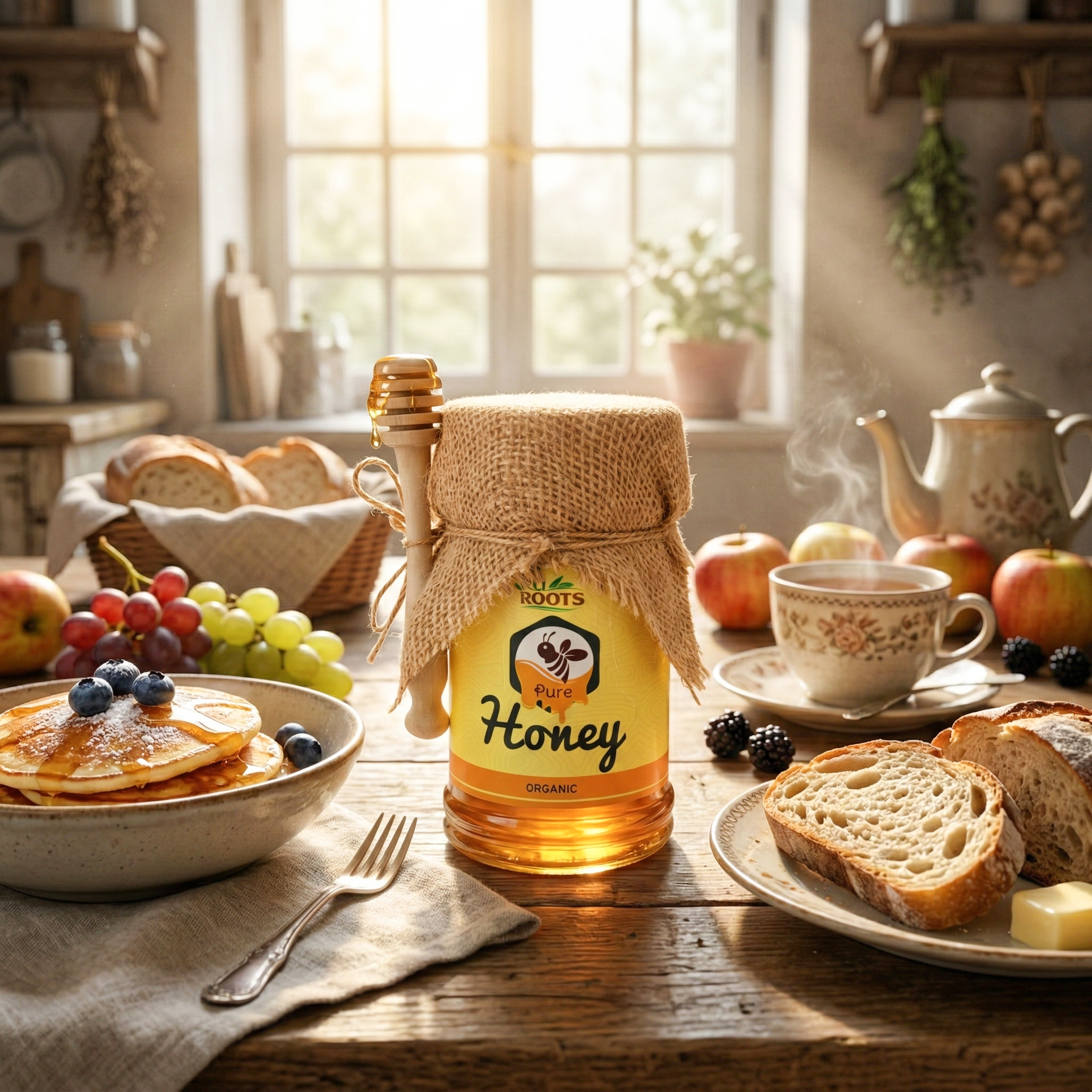 Jar of pure honey with honey dipper on rustic breakfast table with fresh bread, fruit, and pancakes.