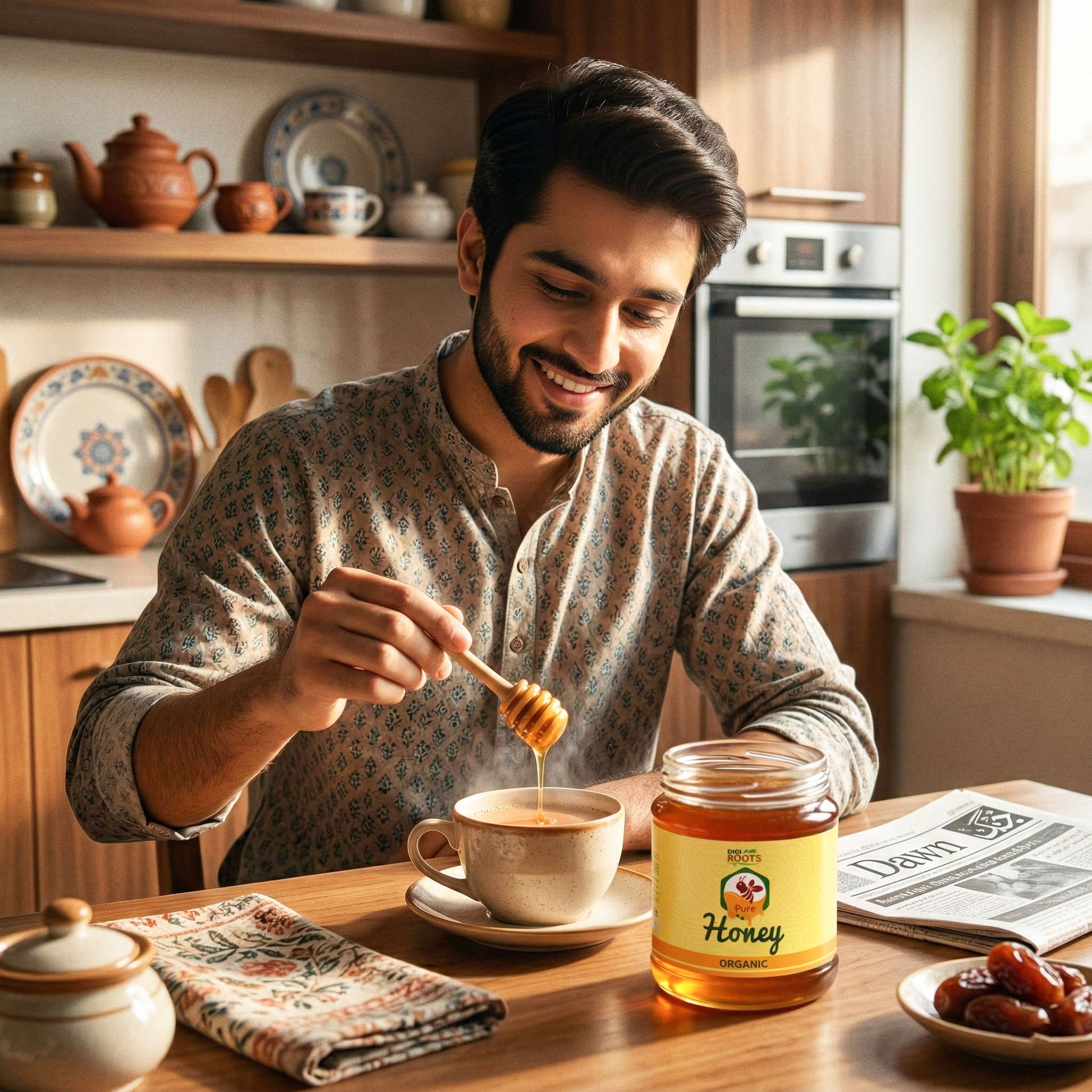 Man drizzling pure organic honey into a cup in a cozy kitchen with a honey jar and breakfast items.