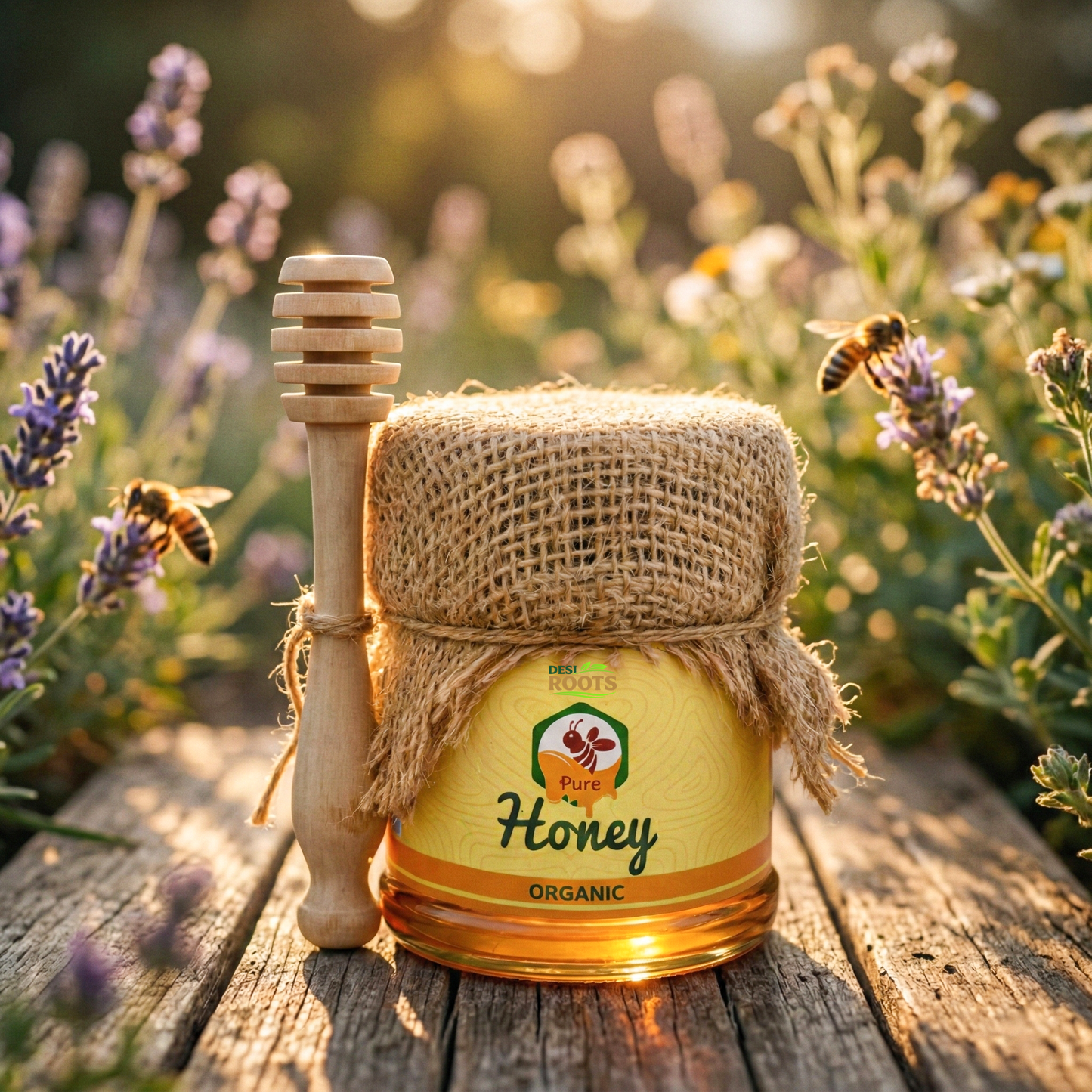 Glass jar of organic pure honey with burlap cover, honey dipper, bees, and flowers outdoors.