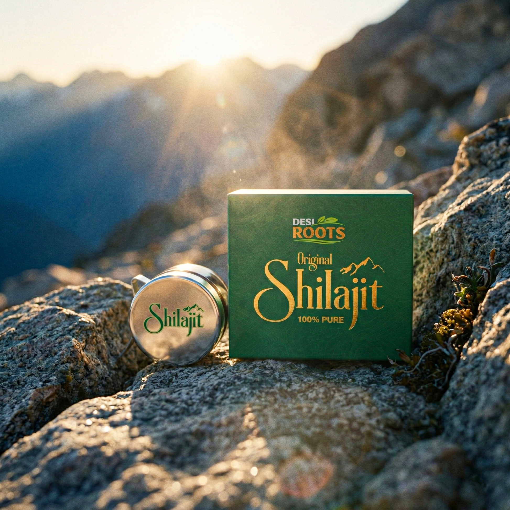 Original Shilajit 100% pure green box and tin on mountain rocks at sunrise