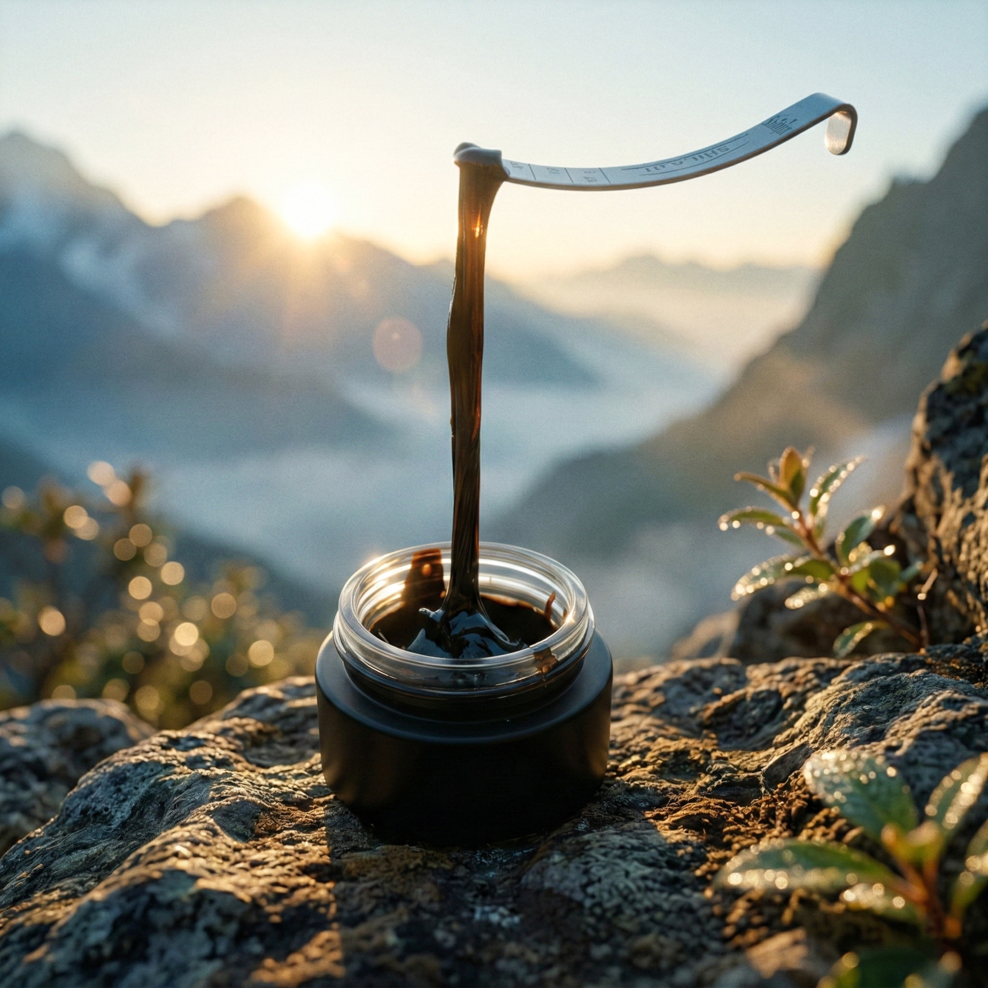 Jar of pure shilajit resin with scoop on a rocky mountain at sunrise, natural supplement