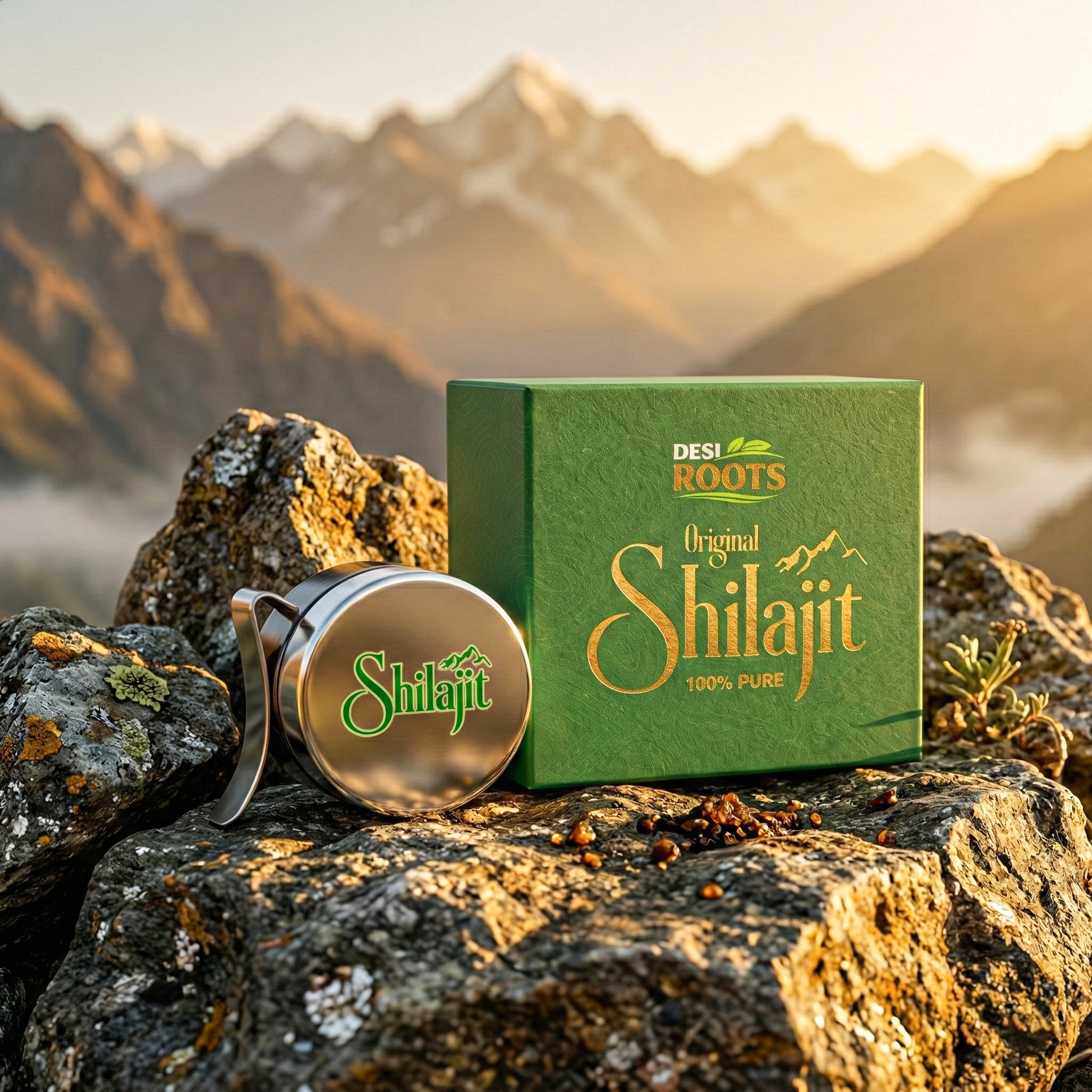 Pure shilajit resin jar and green packaging on mountain rocks with sunrise and Himalayas in background.