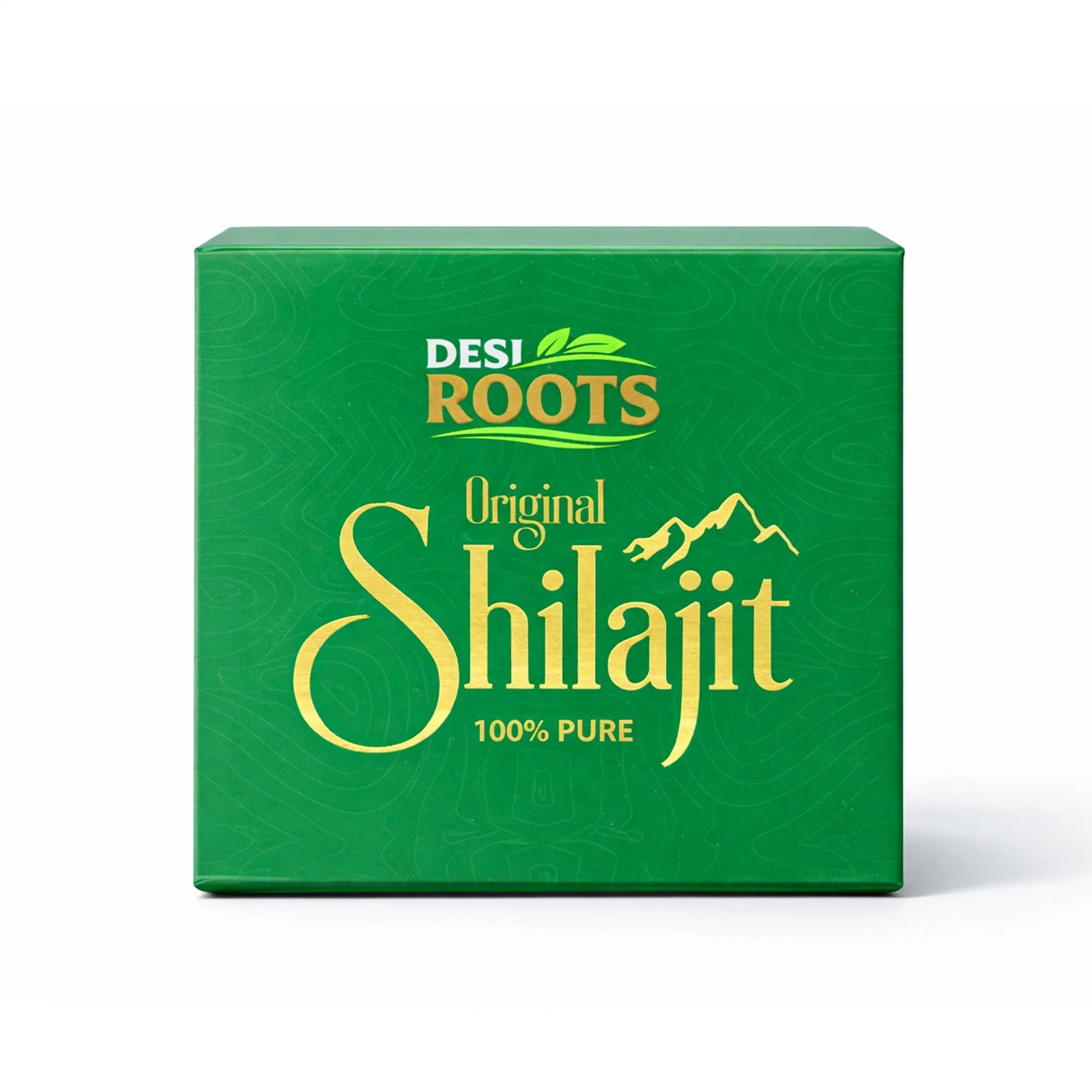 Premium green box of Desi Roots Pure Shilajit featuring a black jar inside, available in 10g, 20g, and 30g sizes.