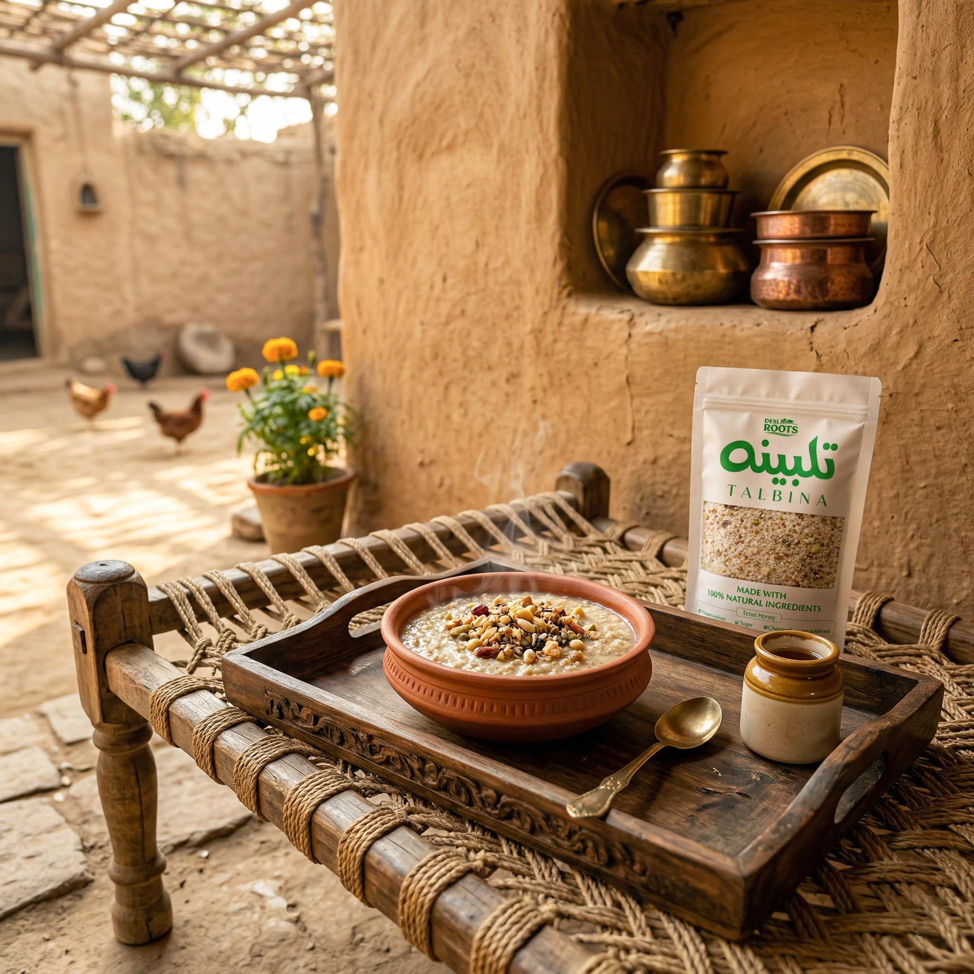 Traditional clay bowl of talbina porridge with nuts, natural ingredients, rustic village setting