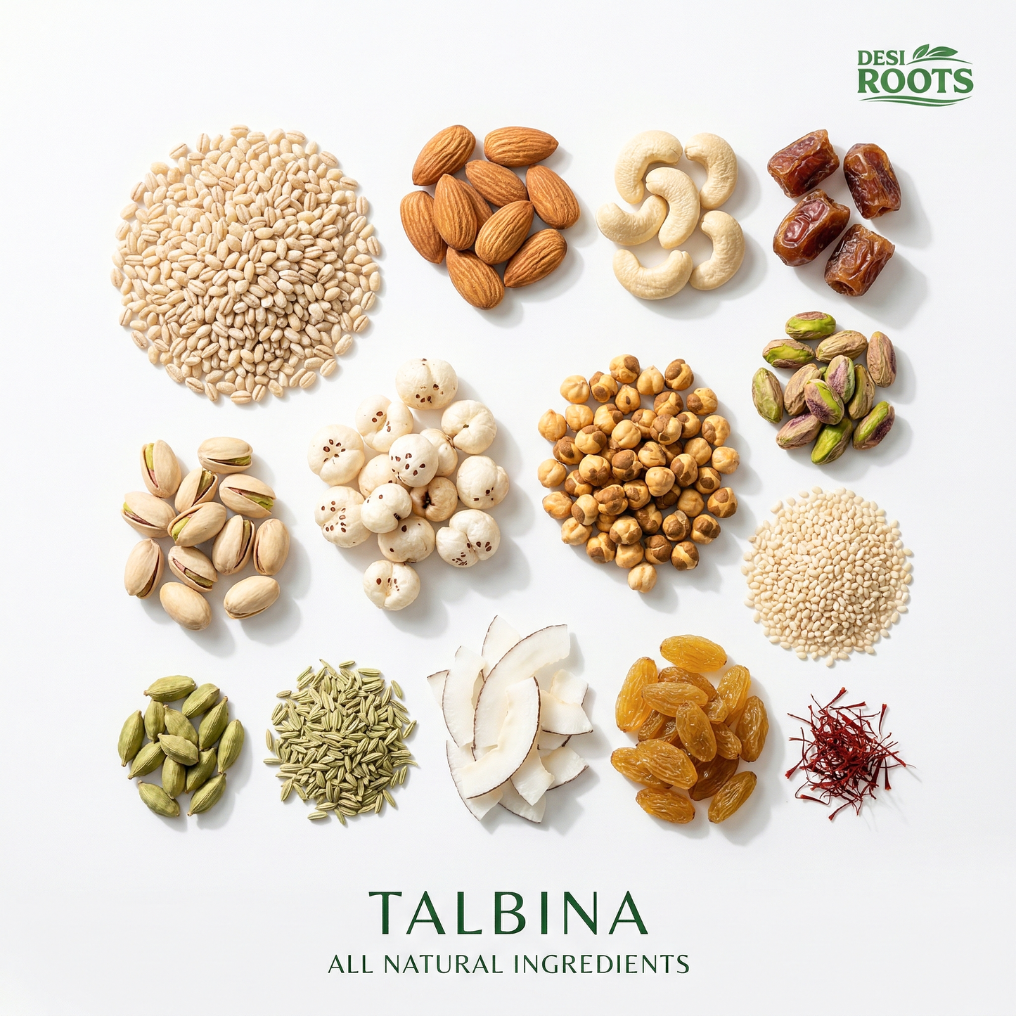 Talbina ingredients including barley, almonds, cashews, dates, pistachios, coconut, and saffron on white background