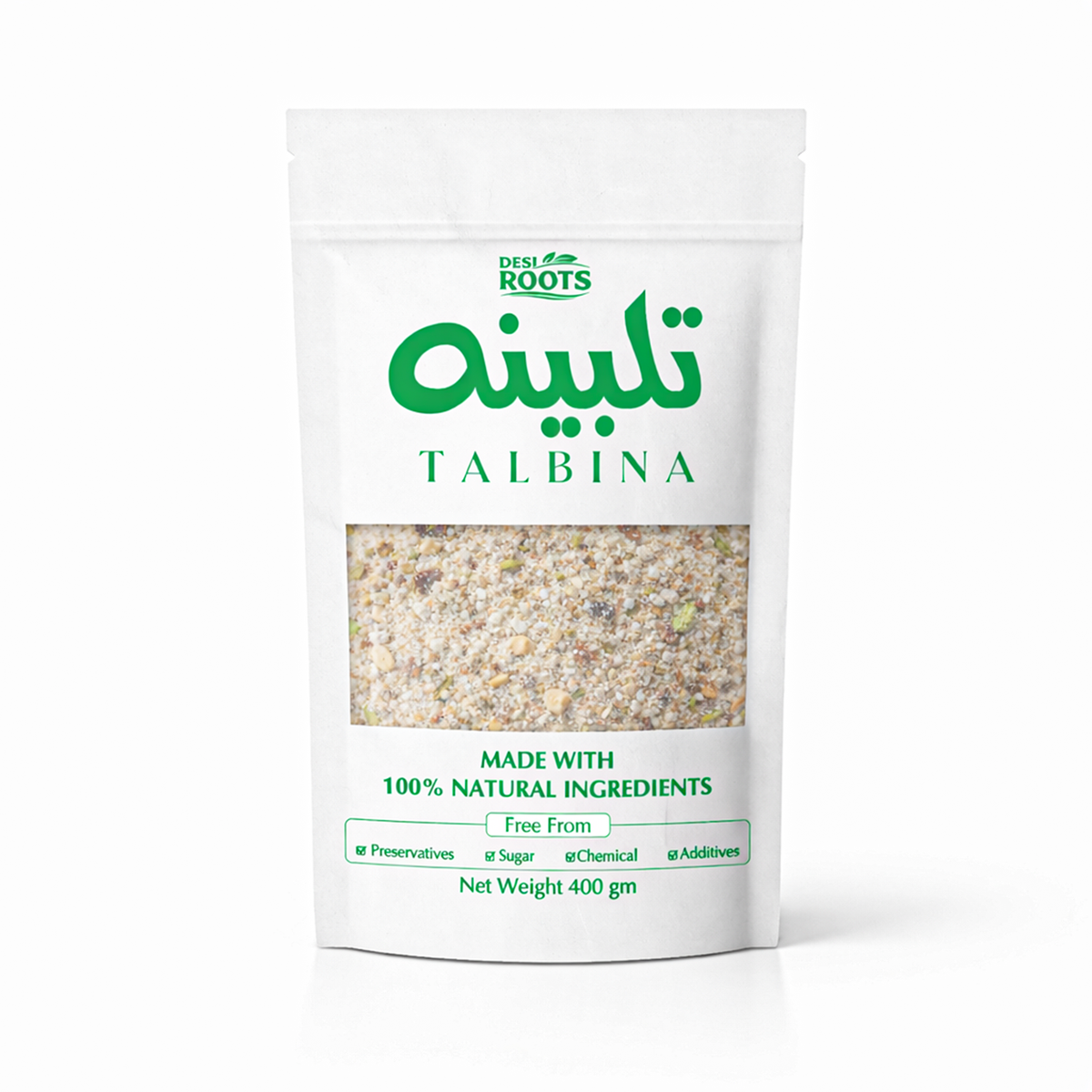 Desi Roots Desi Talbina pouch made with barley and 15 premium ingredients, on a white background